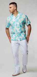 Silversilk Seafoam Green / White Linen Blend Burnout Short Sleeve Outfit 8602