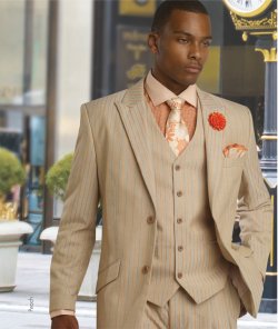 E. J. Samuel Peach / Gold Pinstripes Vested Suit M2647