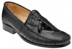 Belvedere "Bari" Black Genuine Alligator and Ostrich Skin Loafer Shoes With Tassels R11.