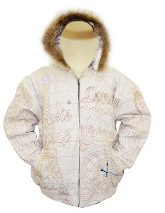 Phat Boi "World Tourist" White Genuine Leather Bomber Jacket With Genuine Fox Fur Trim Hood Hand Embroiderey Design w/ Detachable Hood