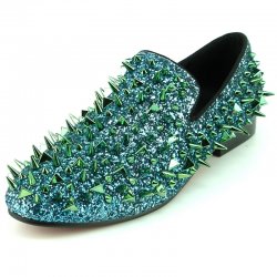 Fiesso Green Glitter Suede Leather Loafers With Spikes FI7239.