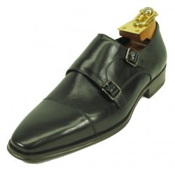 Carrucci Black Genuine Calf Skin Leather With Two Monk Strap Shoes KS261-03.