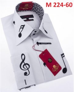 Axxess White / Black Music Note Embroidered Cotton Modern Fit Dress Shirt With French Cuff M224-60.