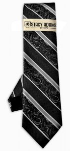 Stacy Adams Black / White Paisley Striped Silk Necktie / Hanky Set SA9700
