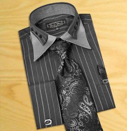 Daniel Ellissa Black / Silver Grey Striped With Silver Grey / Black Polka Dot Double Collar Shirt / Tie / Hanky Set With Free Cufflinks FS1118P2