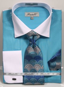 Fratello Turquoise / White Self Stripe Dress Shirt / Tie / Hanky / Cufflink Set FRV4140P2