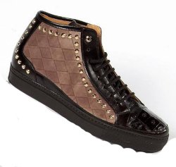 Mauri Brown / Black Genuine Alligator Metal Studded Sneakers.