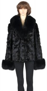 Winter Fur Ladies Black Diamond Mink Top With Fox Collar And Cuffs W49S06BK.
