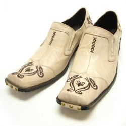 Fiesso Beige Embroidered Design Distressed Leather Loafer Shoes FI8126