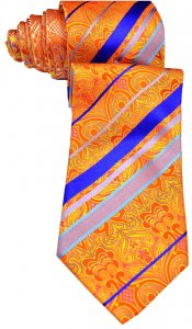 Hi-Density By Steven Land SL168 Orange / Royal Blue / Sky Blue Diagonal Paisley Design 100% Woven Silk Necktie / Hanky Set