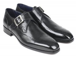 Paul Parkman ''98F54-BLK'' Black Genuine Leather Wingtip Single Monkstraps Shoes.