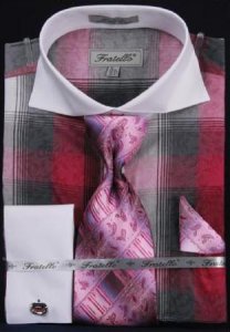 Fratello Fuchsia Checker Pattern Two Tone 100% Cotton Shirt / Tie / Hanky Set With Free Cufflinks FRV4119P2