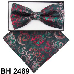 Classico Italiano Hunter Green / Jade / Red Paisley Design 100% Silk Bow Tie / Hanky Set BH2469