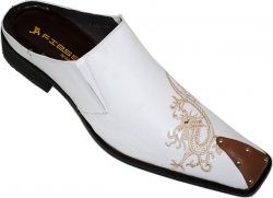 Fiesso White Embroidered Dragon Mules With Brown Leather Tip FI6477