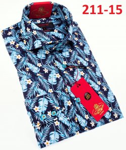 Axxess Navy / Light Blue Flower Design Cotton Modern Fit Dress Shirt With Button Cuff 211-15.