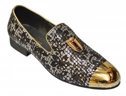 Fiesso Metallic Silver / Black / Gold Snake Print Genuine Leather Loafer Shoes With Gold Metal Cap And Gold Metal Tassels FI6919