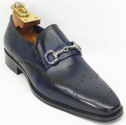 Carrucci Navy Genuine Two Tone Leather Perforated Loafer Shoes With Horsebit KS261-04.