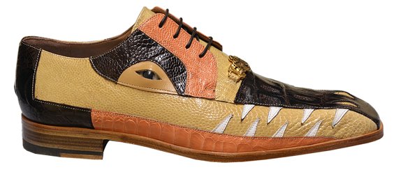 Side view of Mauri Dark Brown,Orange and black Crocodile and Ostrich Leg Shoes With Teeth and Eyes