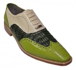 Belvedere "Dario" Apple Green / Hunter Green / Bone Genuine Crocodile / Leather Wingtip Shoes 1615