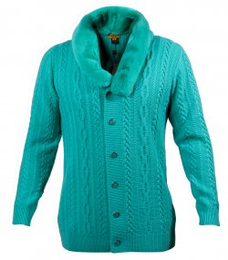 Prestige Light Teal Faux Fur Collar / Knitted Modern Fit Cardigan Sweater PD-523