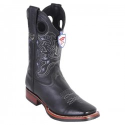 Wild West Black Genuine Leather Rubber Sole Wide Square Toe Cowboy Boots 28252705