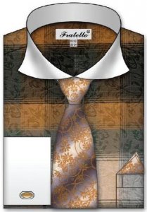 Fratello Tan Checker Pattern Two Tone 100% Cotton Shirt / Tie / Hanky Set With Free Cufflinks FRV4119P2