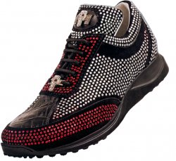 Mauri 8799 Black With Ruby Red / Silver Rhinestones Genuine Alligator Sneakers With Silver Mauri Alligator Head