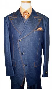Il Canto Blue With Triple Cognac Hand-Pick Stitching Vested 100% Cotton Denim Suit 8303