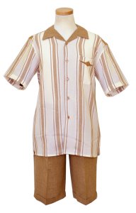 Pronti Cream / Taupe Stripes Rayon Blend 2 PC Short Set Outfit SP6105S
