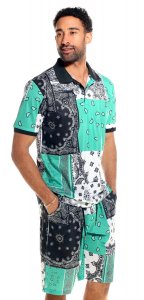 Stacy Adams Green / Black / White Paisley Cotton Short Set Outfit 3822