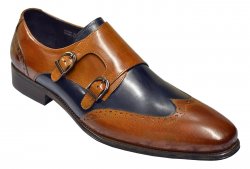 Carrucci Brown / Navy Genuine Calf With Double Monk Straps Shoes KS099-303T