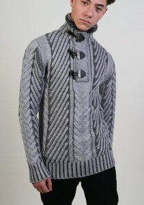 Barabas Silver Grey / Charcoal Half-Zip Faux Fur Collar Modern Fit Sweater W115