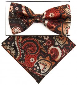 Classico Italiano Black / Rust / Beige Floral Design Silk Bow Tie / Hanky Set BH3179