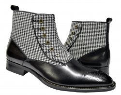 Giovanni "Kendrick" Black / White Tweed Fabric / Calfskin Ankle Spat Boots