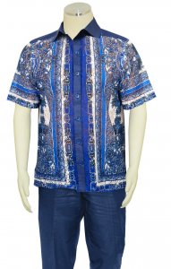 Prestige Navy / Royal Blue / White Hand Laced Irish Linen Short Sleeve Outfit LUX-986