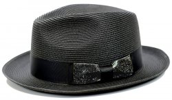 Bruno Capelo Black Braided Fedora Straw Hat / Crystal Studded Band BL-812