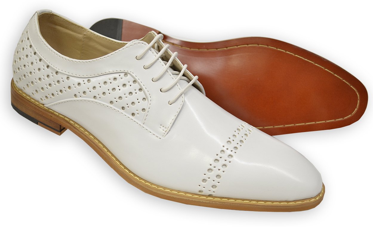 Antonio Cerrelli White Perforated Cap Toe Vegan Leather Derby Shoes