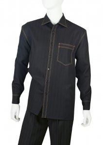 Blue Jazz Black / Black Shadow Stripes / Gold Hand Pick Stitching Denim Look Long Sleeve 2pc Outfit Set PLMS-1