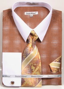 Daniel Ellissa Brown / White Woven Design Dress Shirt / Tie / Hanky / Cufflink Set DS3796P2