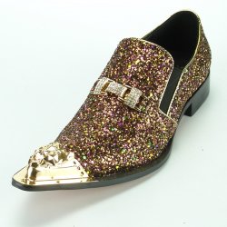 Fiesso Rose With Gold Metal Toe Genuine Leather Loafer Shoes With Bracelet FI7072.