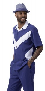 Montique Navy Blue / White Sectional Design Short Sleeve Outfit 2073.