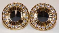 Fratello Gold Plated Round Cufflinks Set With Black Enamel And Clear Rhinestone CL052