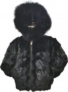 Winter Fur Kids' Black Genuine Diamond Mink With Fox Trimmed Hood Jacket K49R02BK.