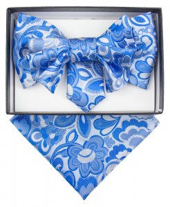 Vittorio Vico Royal Blue / Ocean Blue / Grey Paisley Design Double Layered 100% Silk Bow Tie / Hanky Set XL92