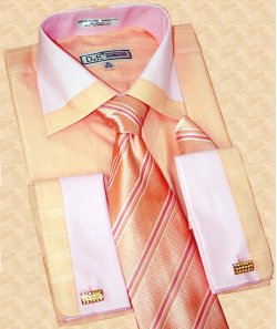 D&E Peach/Pink Stripes Shirt/Tie/Hanky Set DS1608