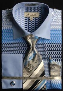 Fratello Navy / Royal / Light Blue Weave Design 100% Cotton Shirt / Tie / Hanky Set With Free Cufflinks FRV4127P2.