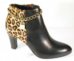 Mauri Ladies Gold / Black Leopard Hair Print Genuine Leather Gold Chain Lock Dress Boots.