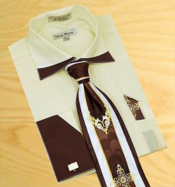 Daniel Ellissa Cream With Brown Trimming Spread Collar Shirt / Tie / Hanky Set With Free Cufflinks DS3748P2