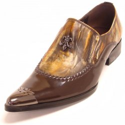 Encore By Fiesso Tan / Brown Pointed Toe Metal Tip Genuine Leather Loafer Shoes FI6784