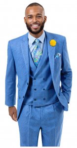 E. J. Samuel Light Blue Plaid Classic Fit Vested Suit M2727.